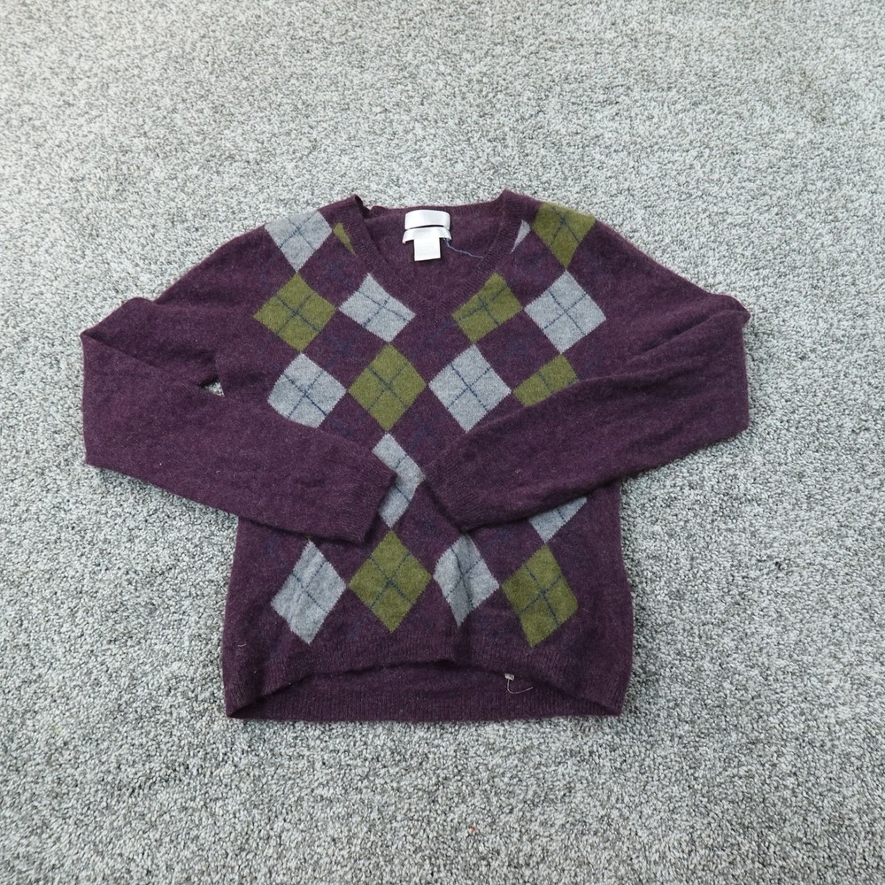 Cashmere Sweater Womens S Purple Academia Argyle V Neck Knit Pullover Soft Cozy